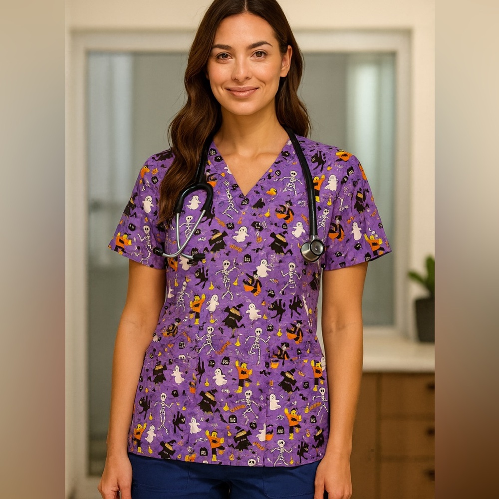 🎃👻 EUC! Divine Curves Halloween Scrub Top – Size 1XL 🎃👻